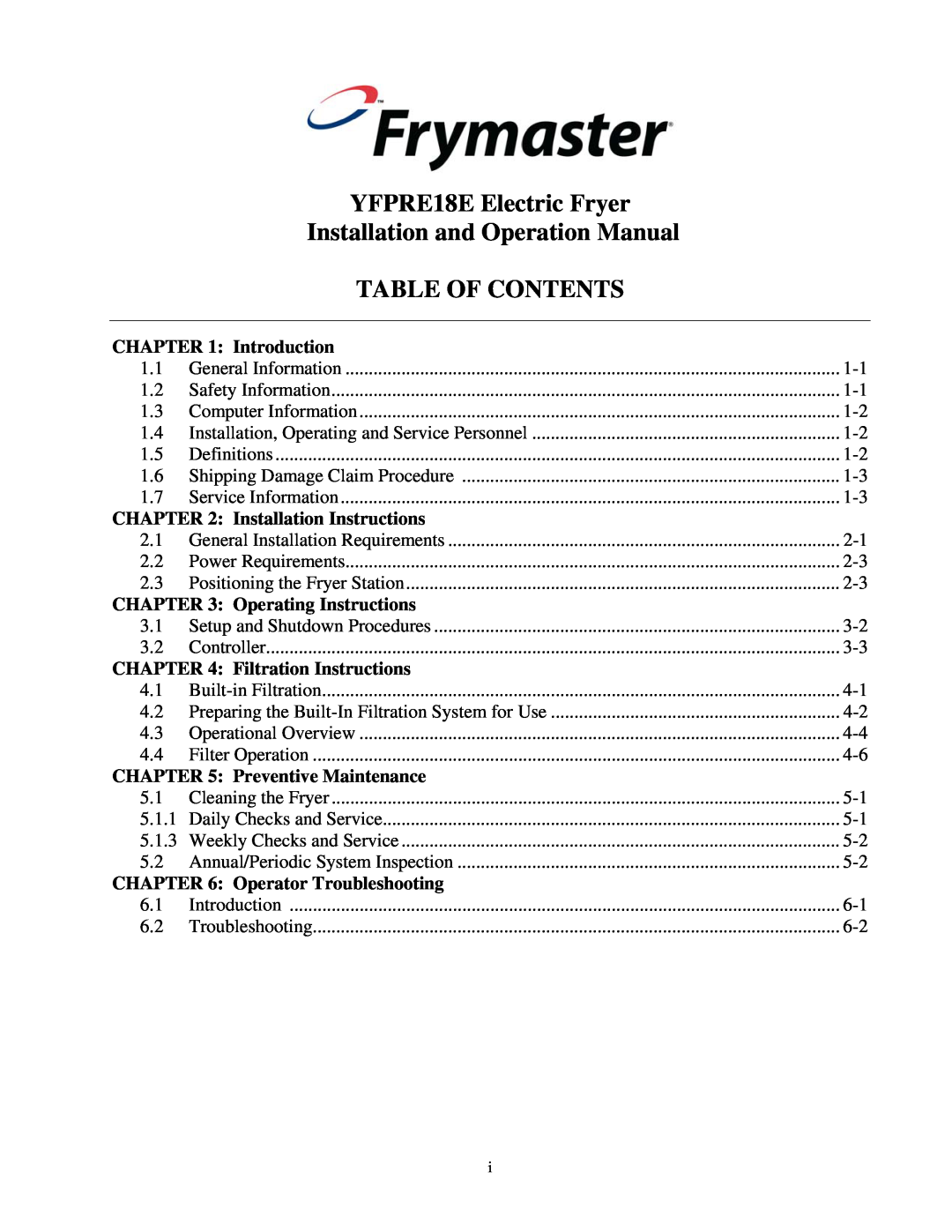 Frymaster YFPRE1817E operation manual Table Of Contents, Introduction, Installation Instructions, Operating Instructions 