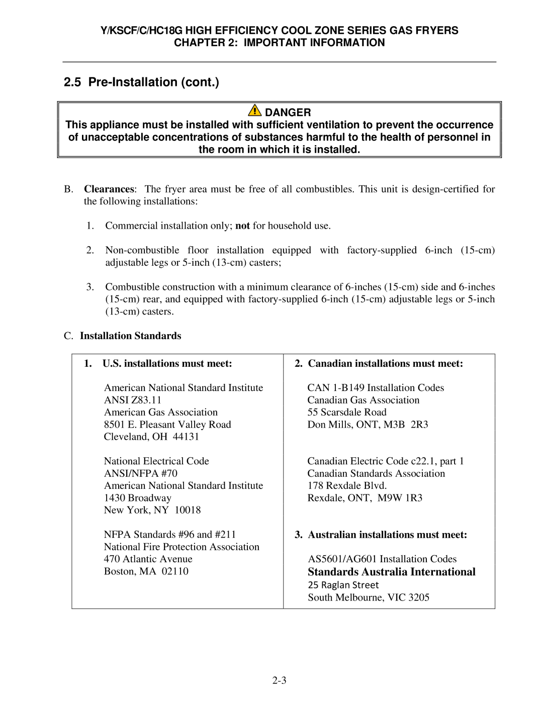 Frymaster Y/KSCF/C/HC18G operation manual ANSI/NFPA #70, Australian installations must meet 