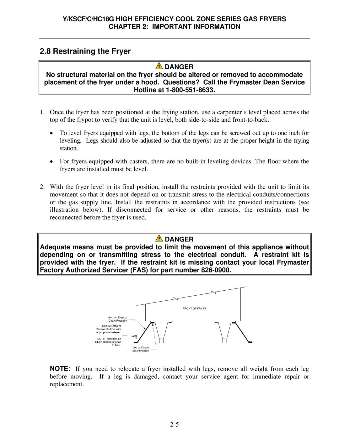 Frymaster Y/KSCF/C/HC18G operation manual Restraining the Fryer 