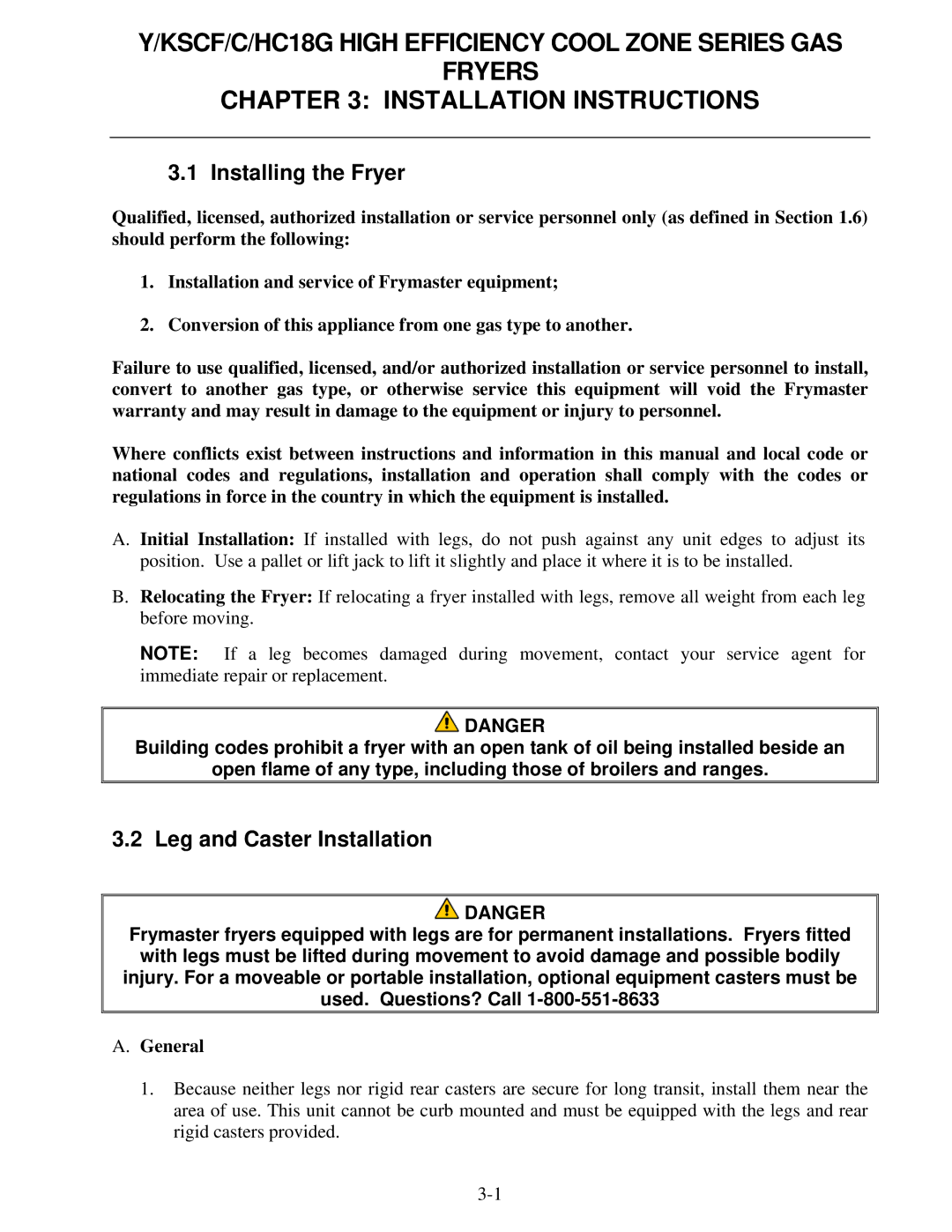 Frymaster Y/KSCF/C/HC18G operation manual Installing the Fryer, Leg and Caster Installation, General 