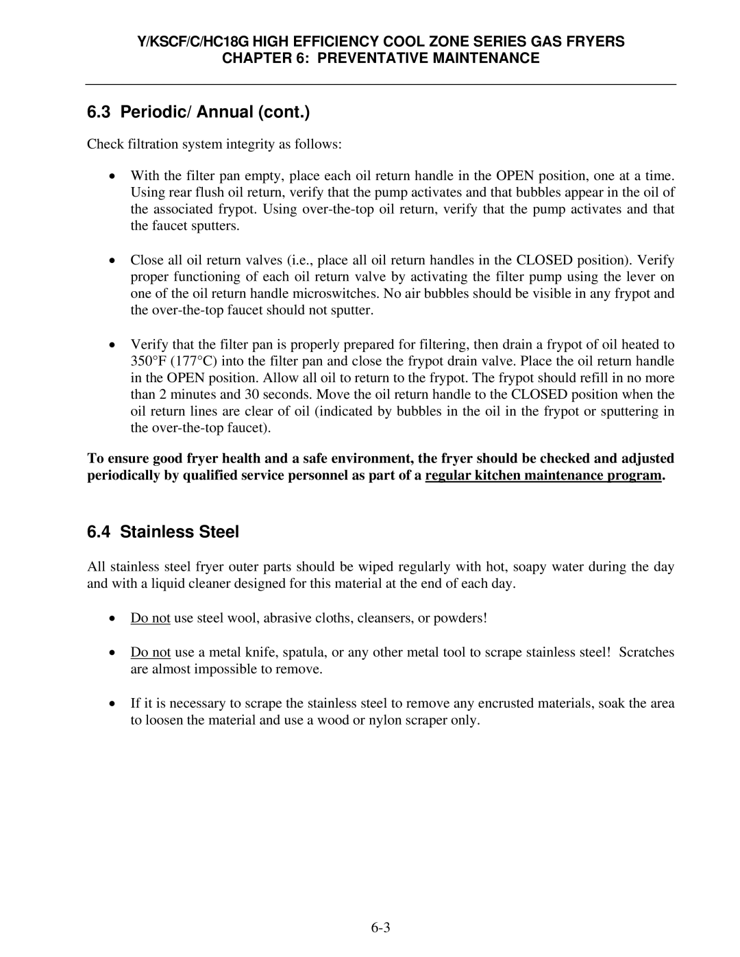 Frymaster Y/KSCF/C/HC18G operation manual Periodic/ Annual, Stainless Steel 