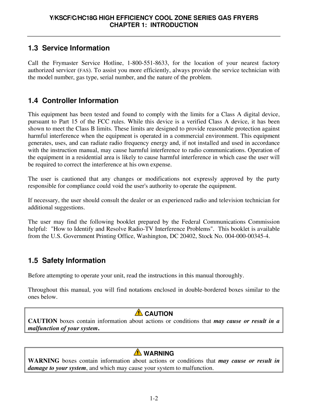 Frymaster Y/KSCF/C/HC18G operation manual Service Information, Controller Information, Safety Information 