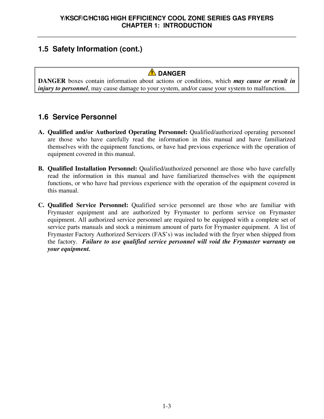 Frymaster Y/KSCF/C/HC18G operation manual Safety Information Service Personnel 