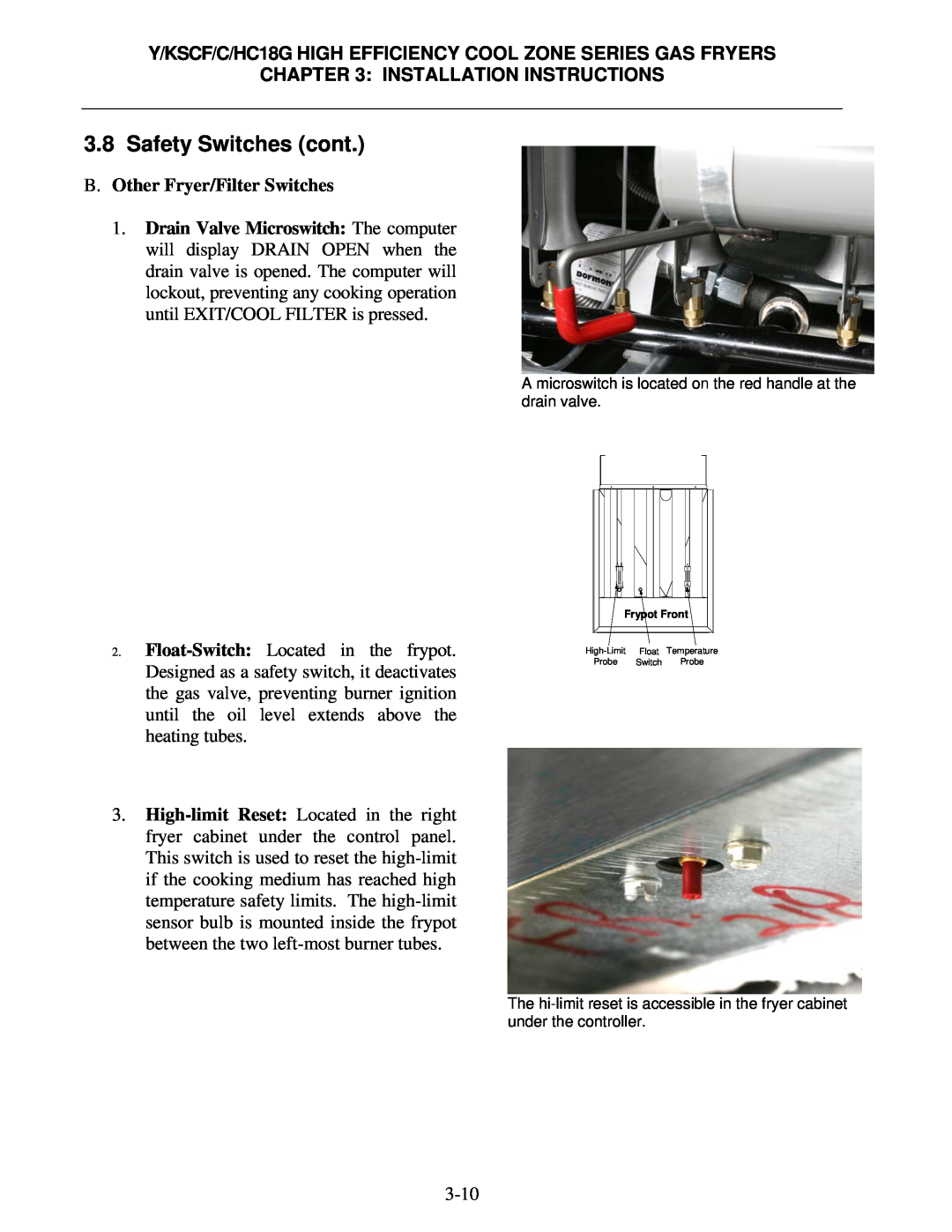 Frymaster Y/KSCF/C/HC18G operation manual Safety Switches cont, B. Other Fryer/Filter Switches, Installation Instructions 