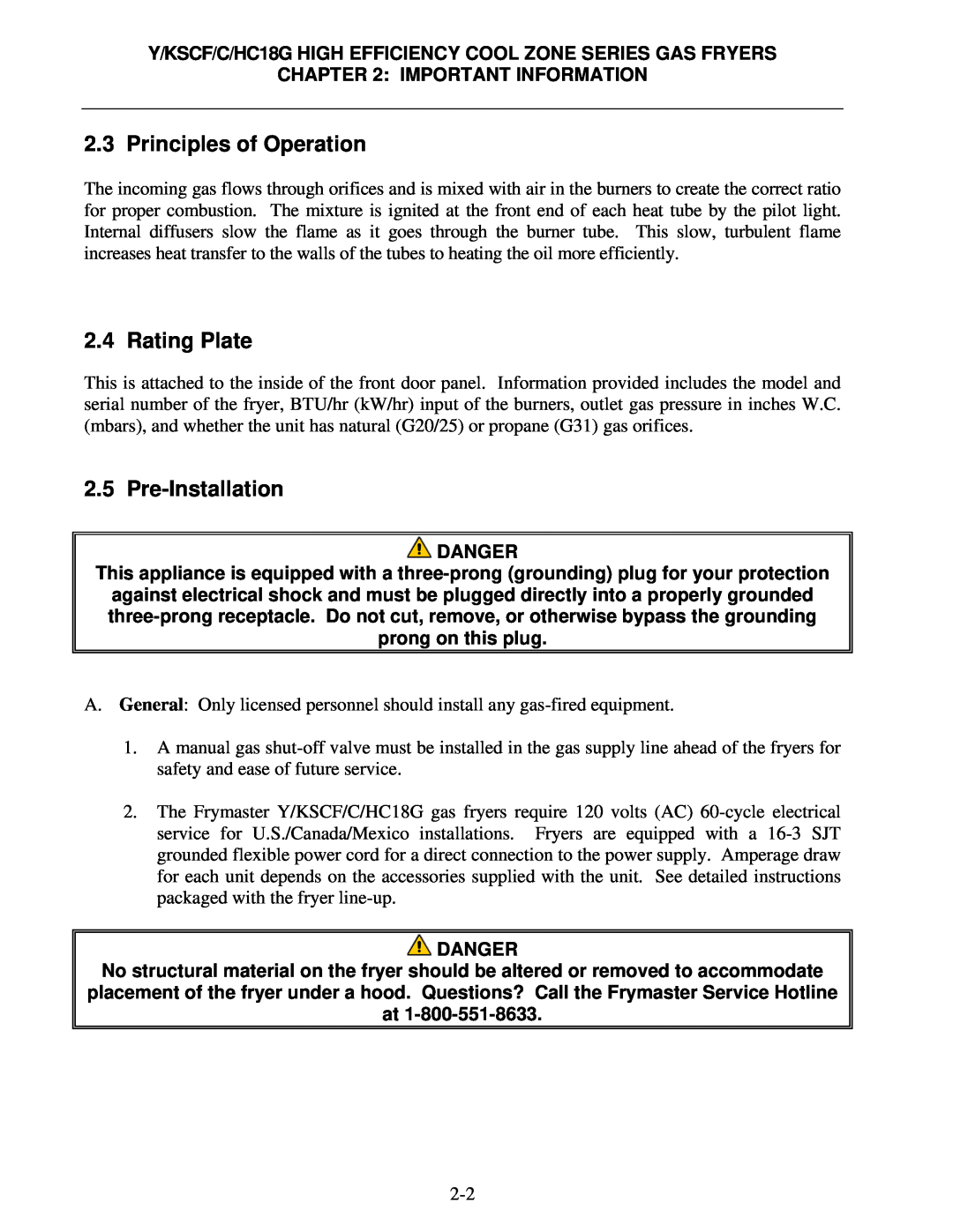 Frymaster Y/KSCF/C/HC18G Principles of Operation, Rating Plate, Pre-Installation, Important Information, Danger 