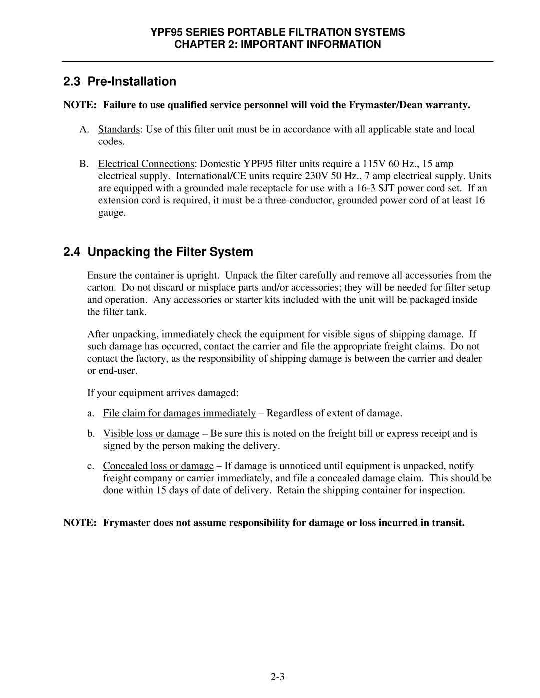 Frymaster YPF95 operation manual Pre-Installation, Unpacking the Filter System 