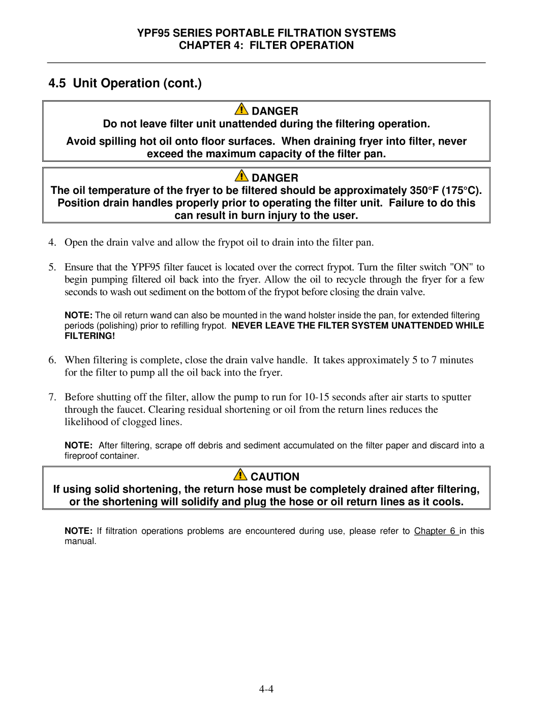 Frymaster YPF95 operation manual Filtering 