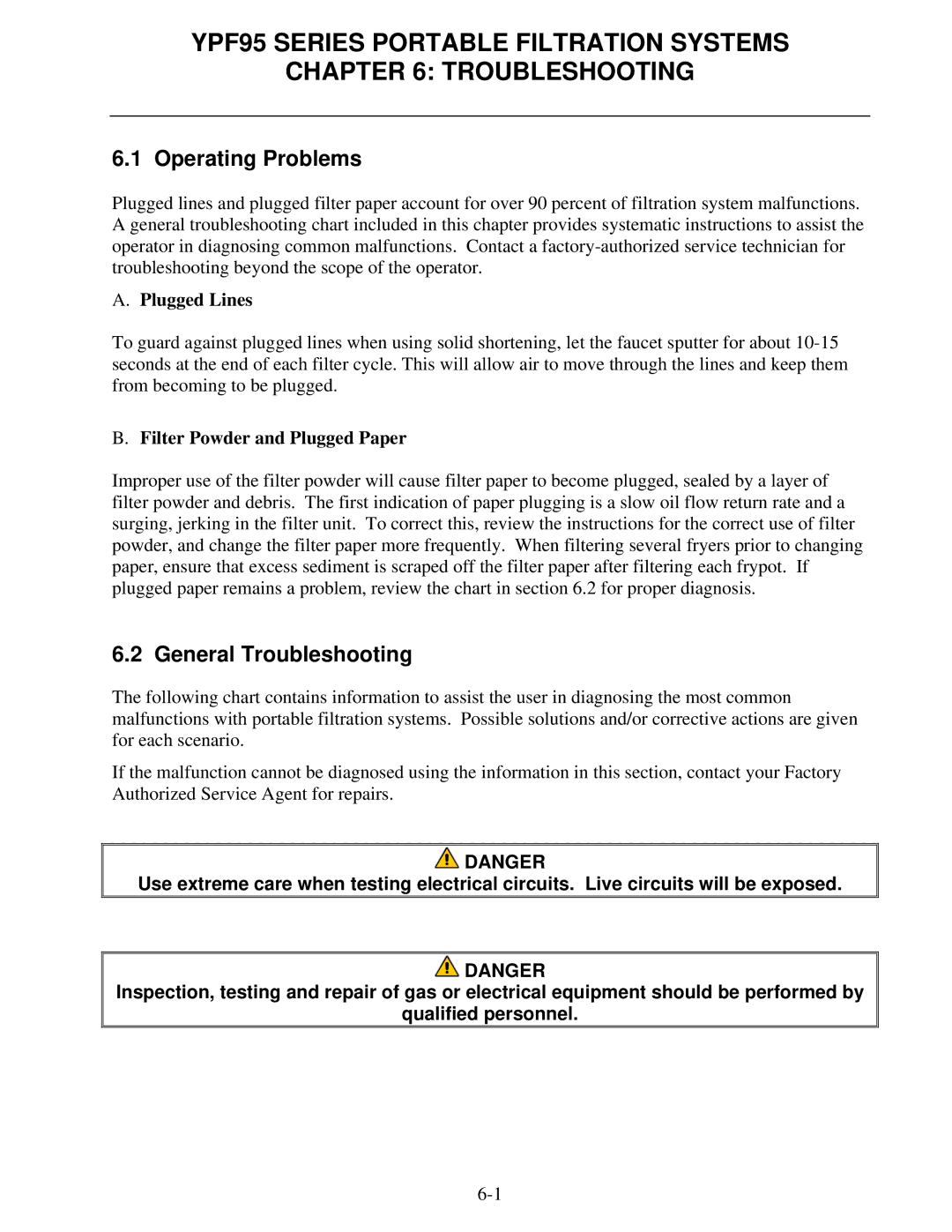 Frymaster YPF95 Series Portable Filtration Systems Troubleshooting, Operating Problems, General Troubleshooting 