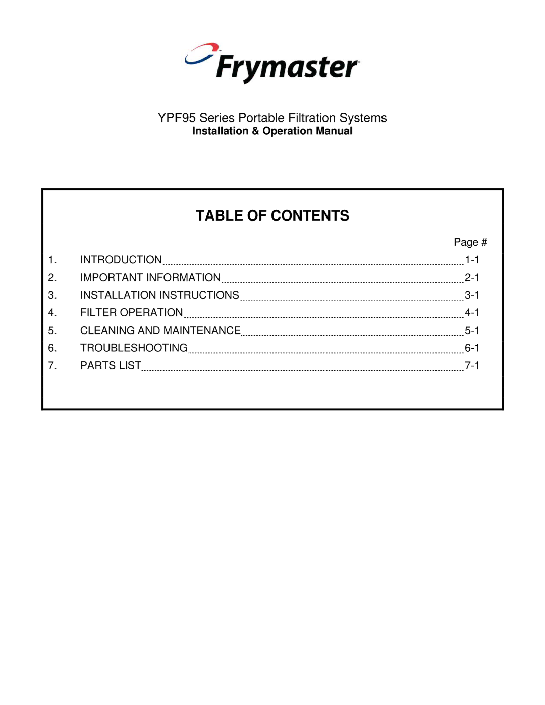 Frymaster YPF95 operation manual Table of Contents 