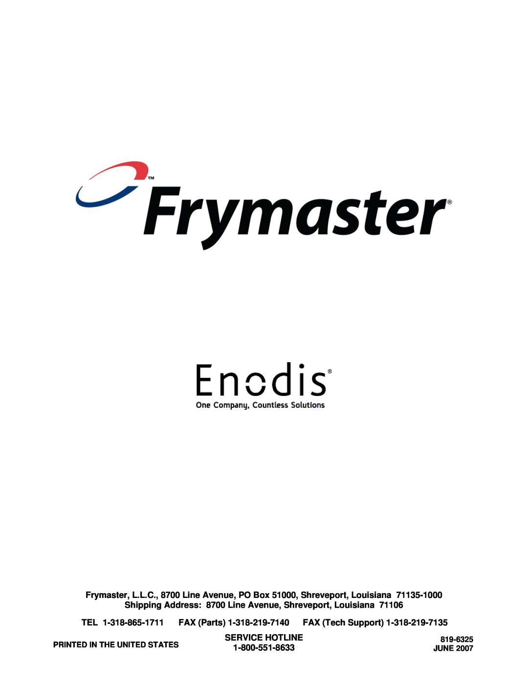 Frymaster YPF95 operation manual Service Hotline 