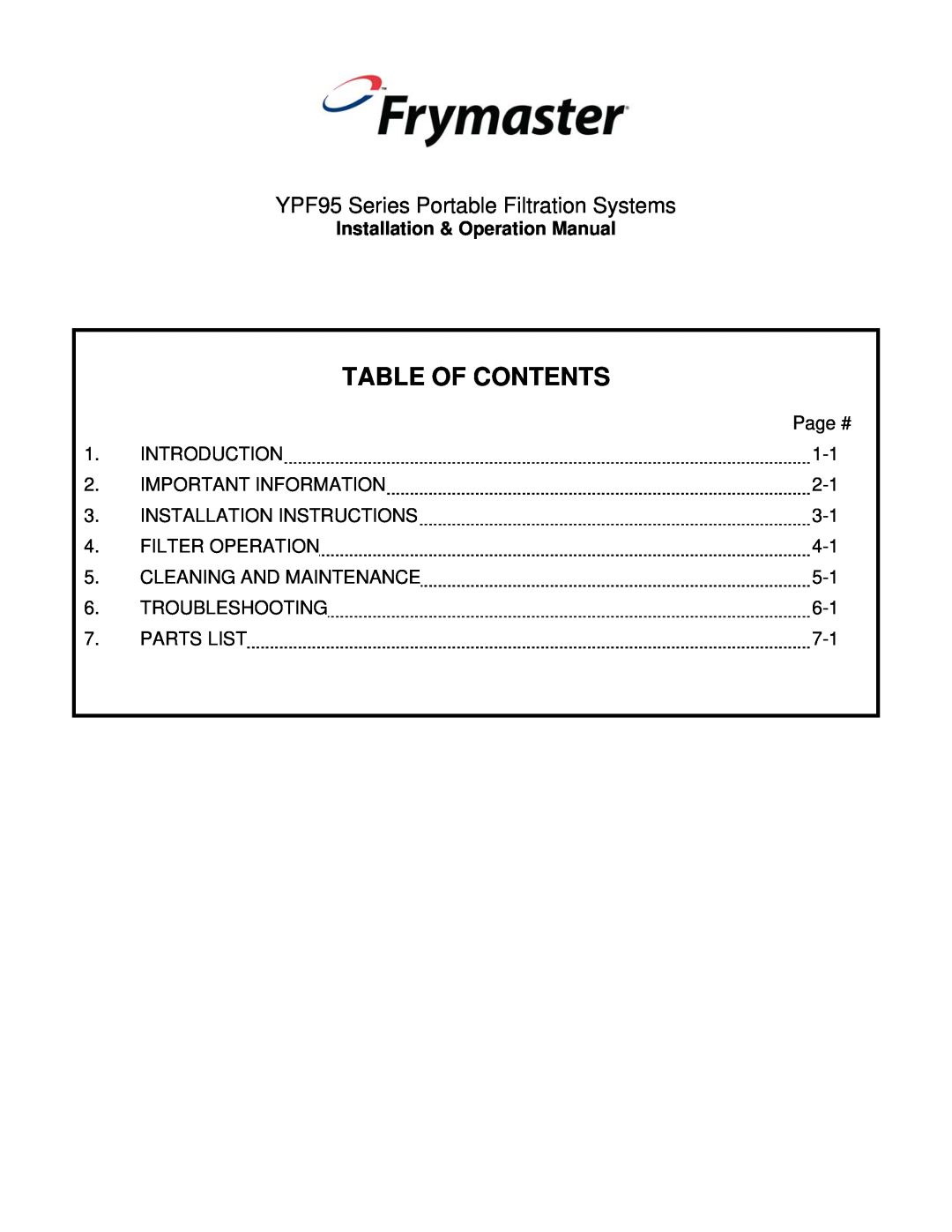Frymaster operation manual Table Of Contents, YPF95 Series Portable Filtration Systems 