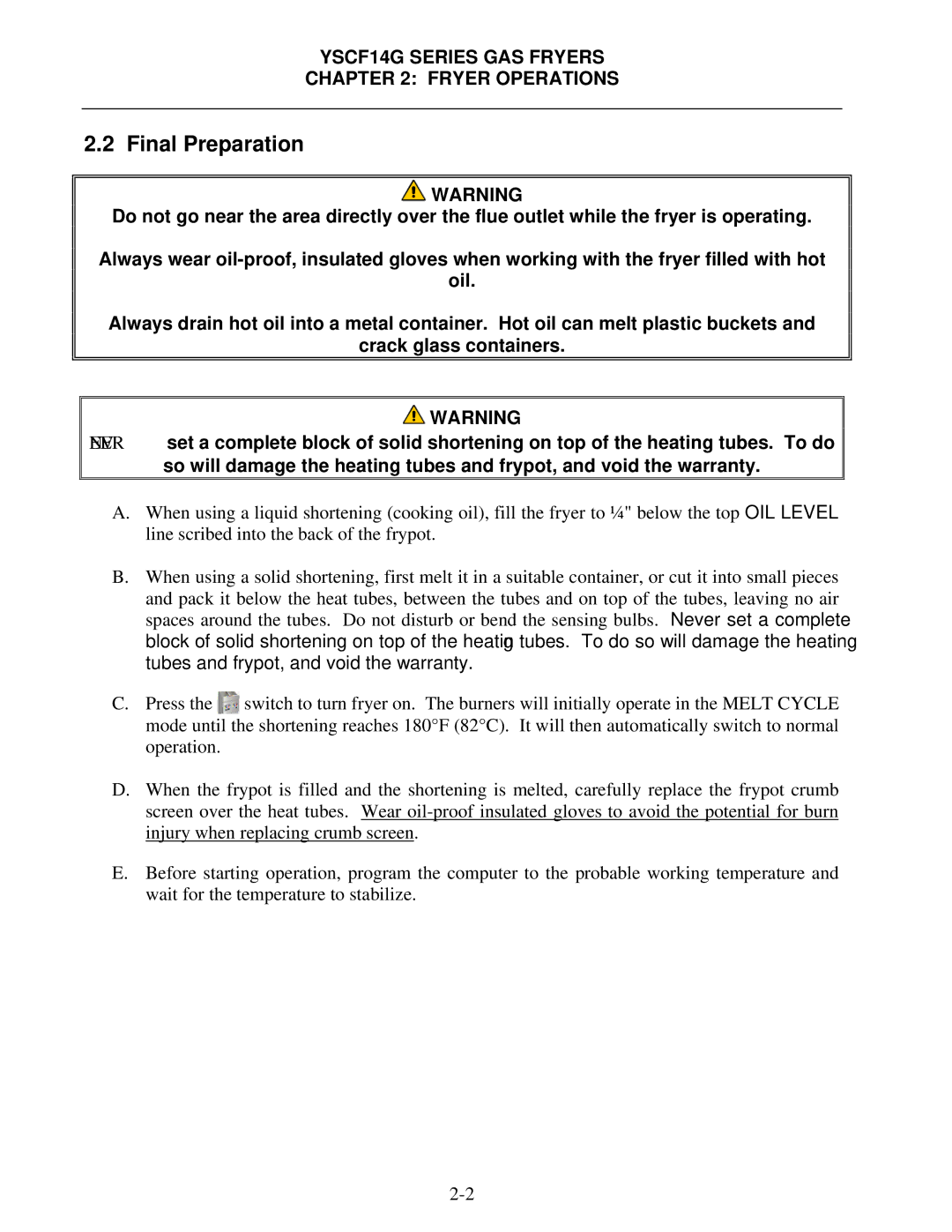 Frymaster YSCF14G operation manual Final Preparation 