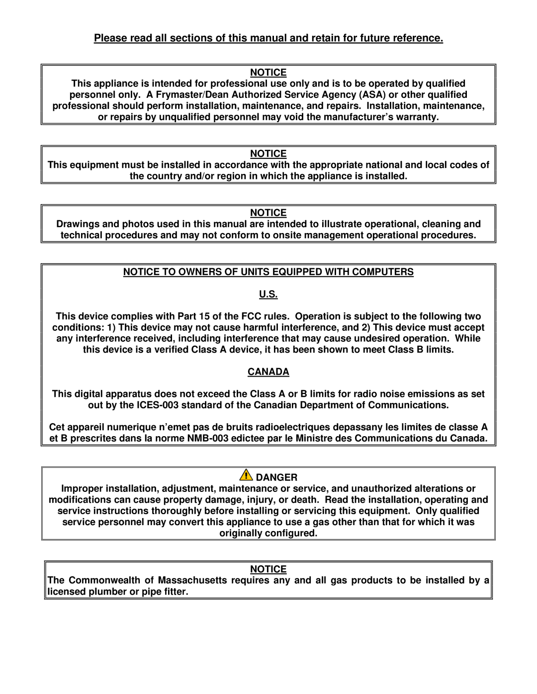 Frymaster YSCF14G operation manual Canada 