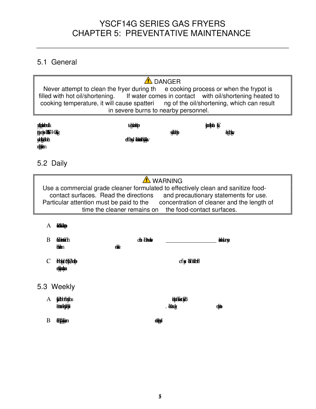 Frymaster operation manual YSCF14G Series GAS Fryers Preventative Maintenance, Daily, Weekly 