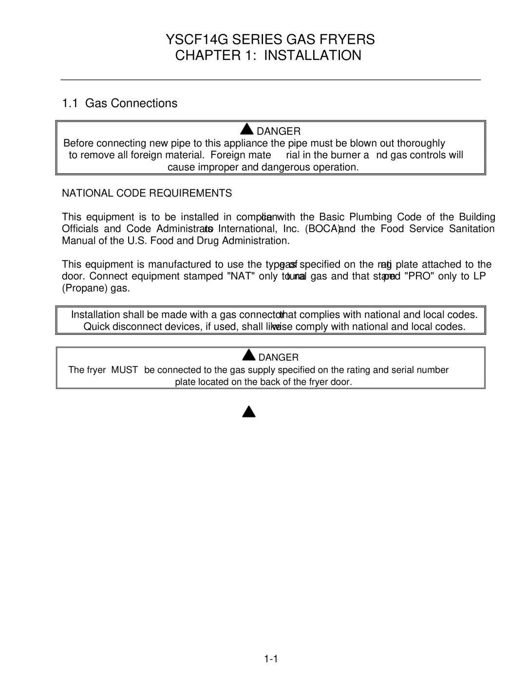 Frymaster operation manual YSCF14G Series GAS Fryers Installation, Gas Connections 