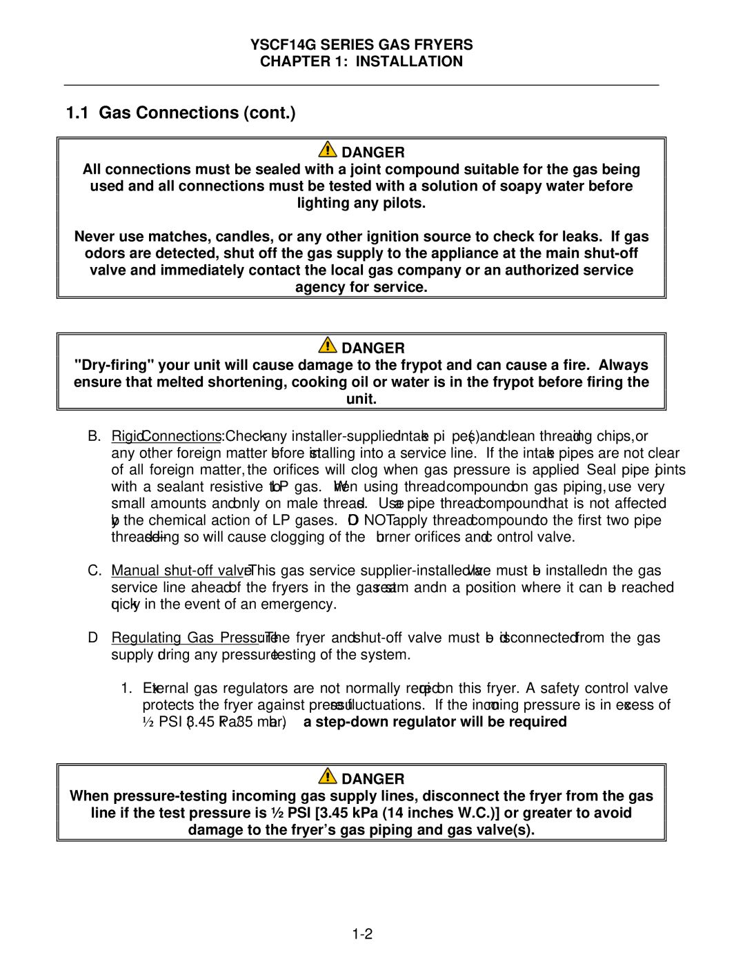 Frymaster operation manual YSCF14G Series GAS Fryers Installation 