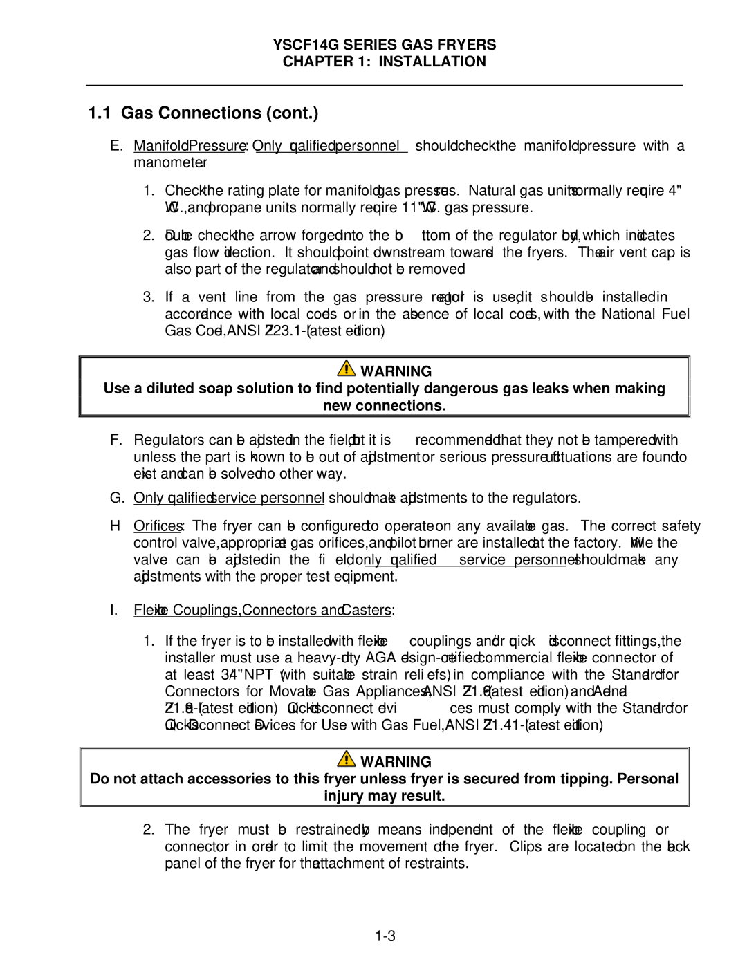 Frymaster YSCF14G operation manual Gas Connections 