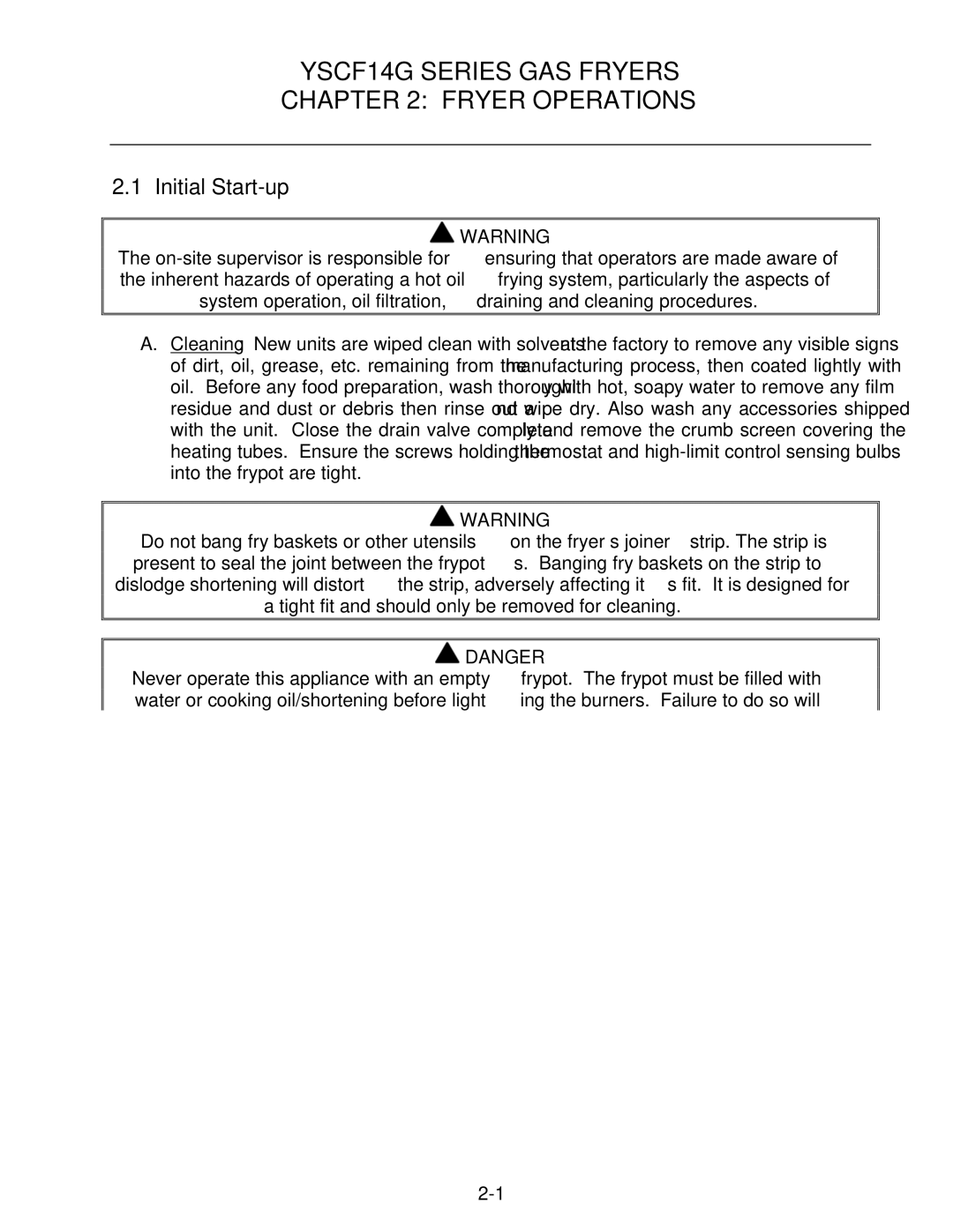 Frymaster operation manual YSCF14G Series GAS Fryers Fryer Operations, Initial Start-up 