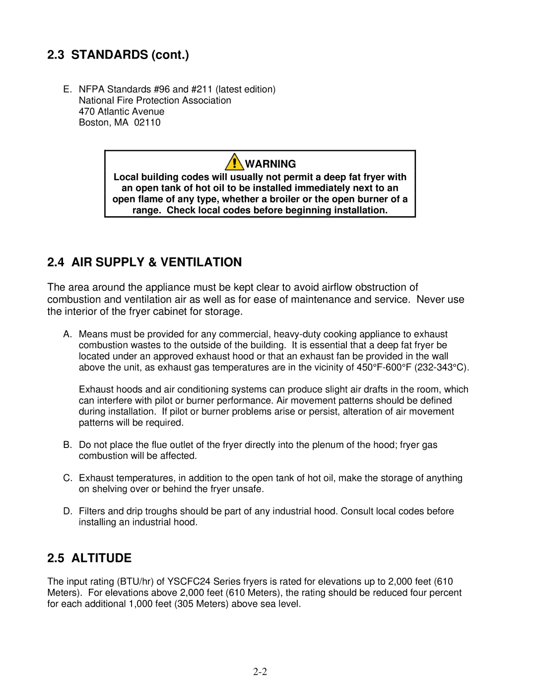 Frymaster YSCFC24 operation manual Standards, AIR Supply & Ventilation, Altitude 