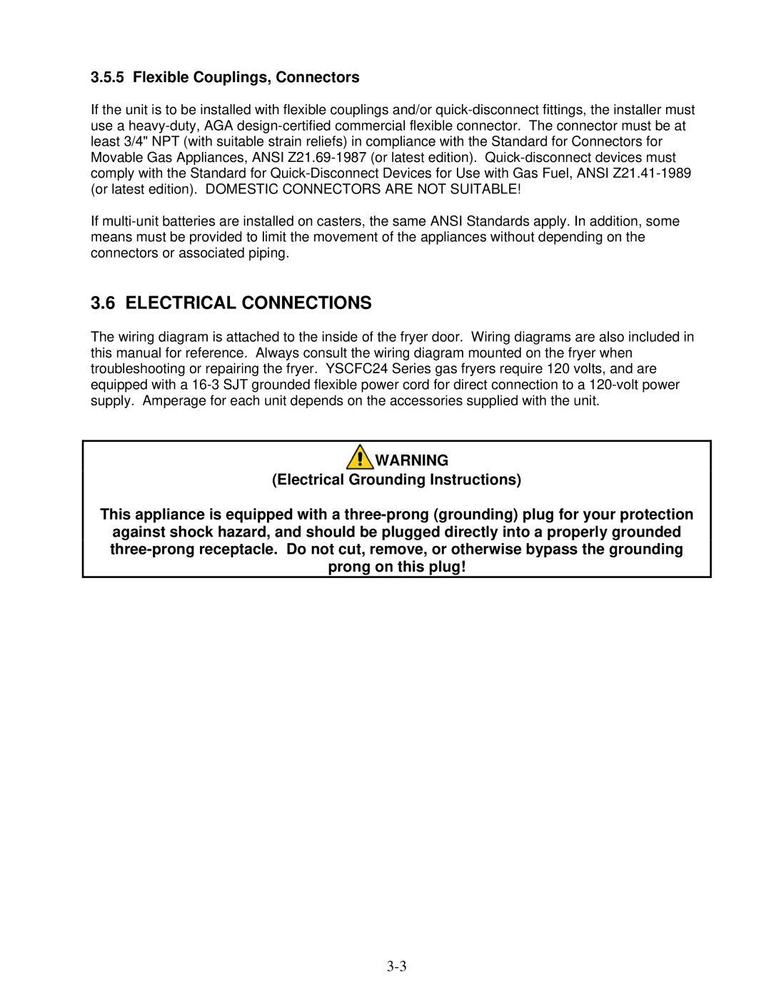 Frymaster YSCFC24 operation manual Electrical Connections, Flexible Couplings, Connectors 