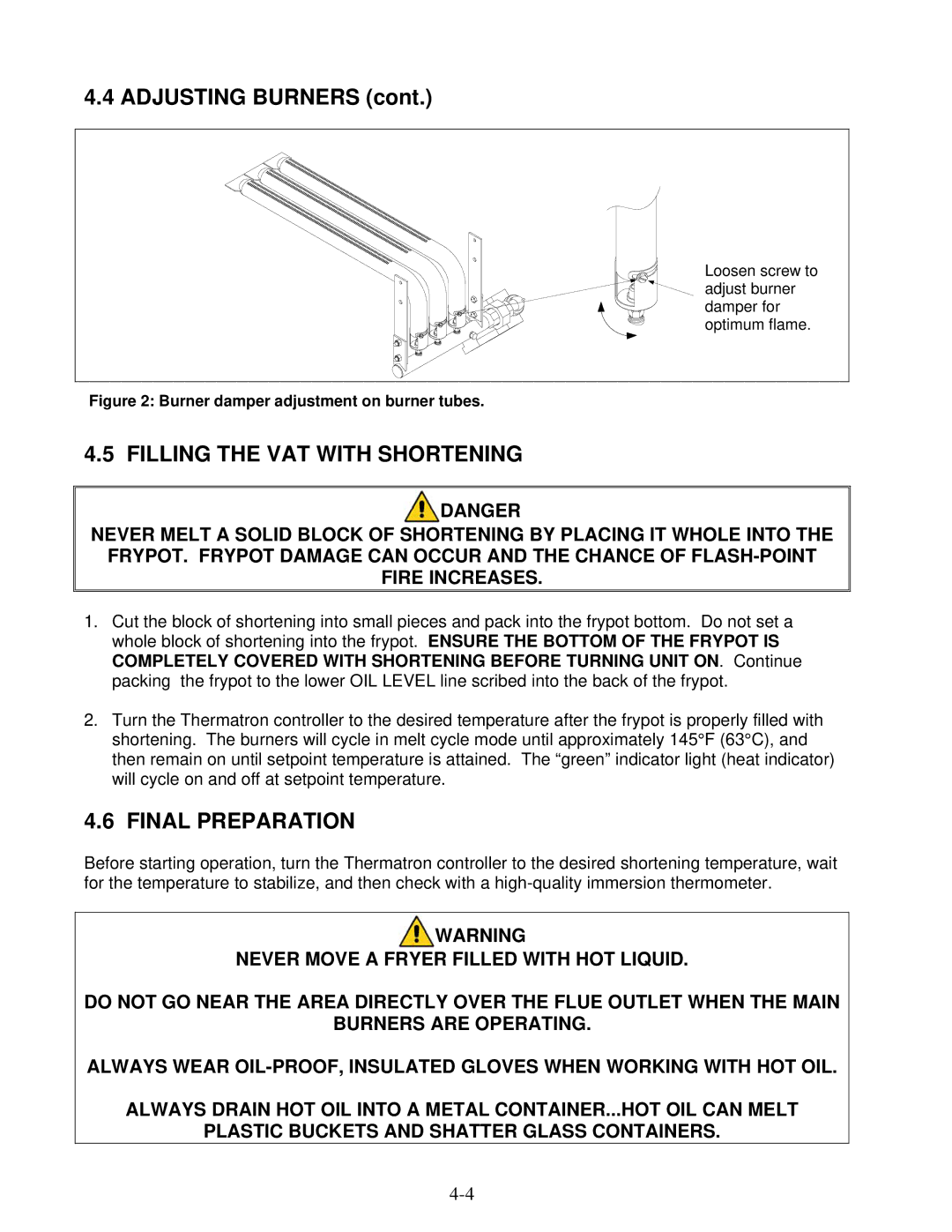 Frymaster YSCFC24 operation manual Adjusting Burners, Filling the VAT with Shortening, Final Preparation 