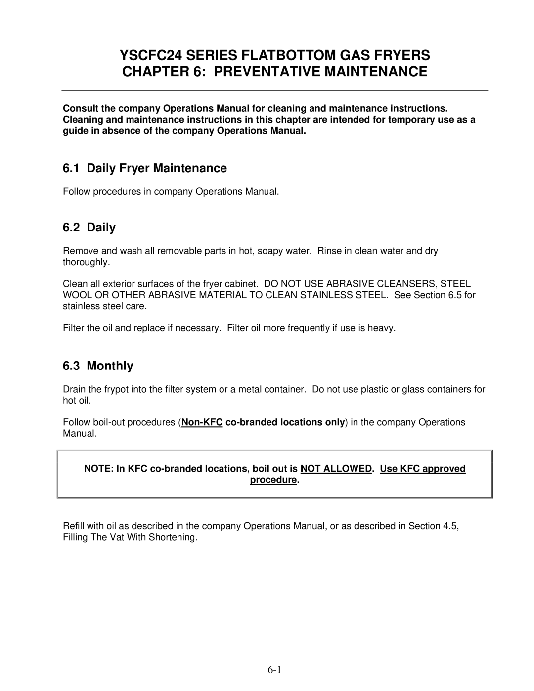 Frymaster YSCFC24 operation manual Daily Fryer Maintenance, Monthly 