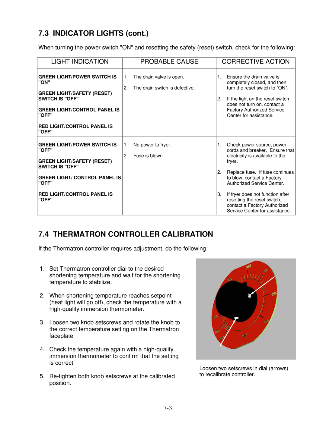 Frymaster YSCFC24 operation manual Indicator Lights, Thermatron Controller Calibration 