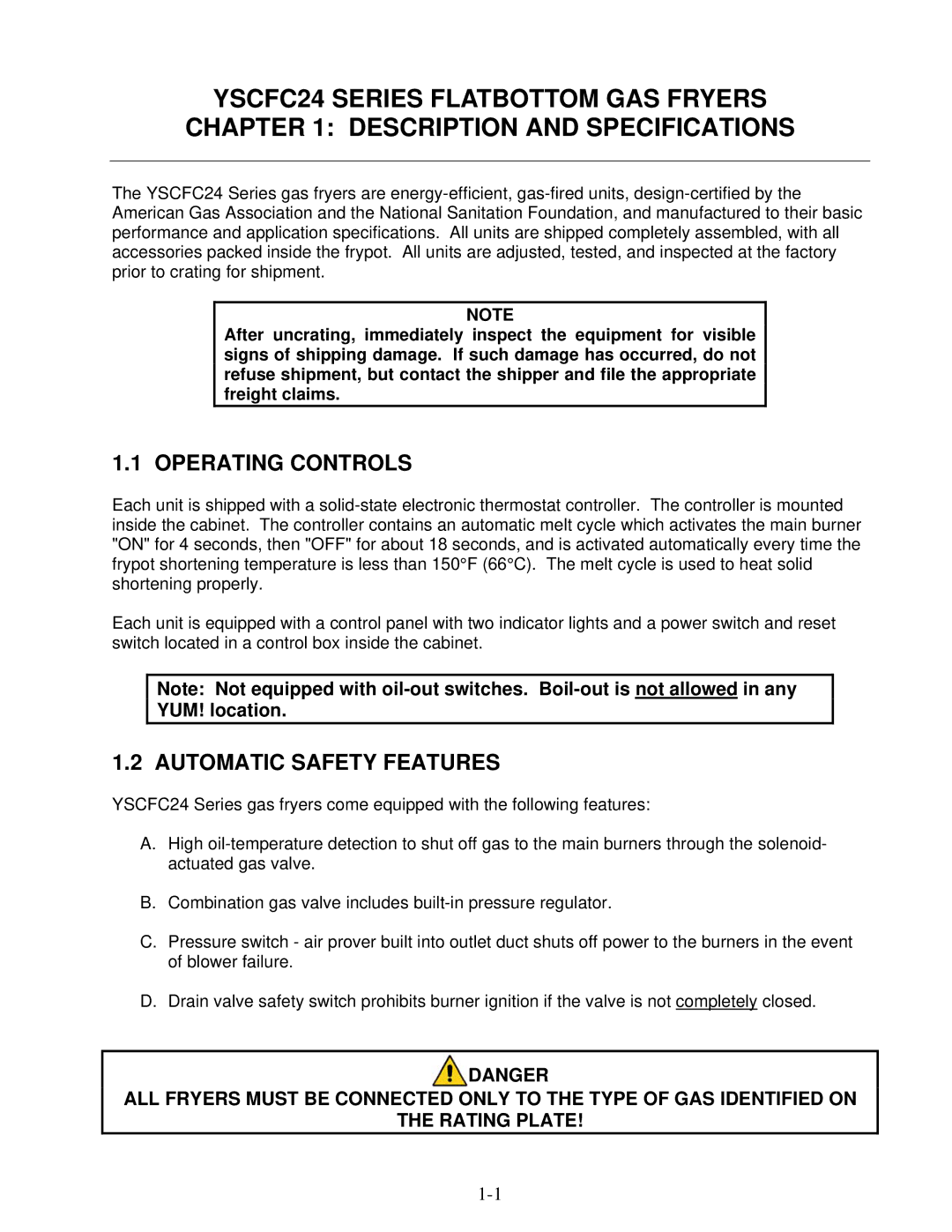 Frymaster YSCFC24 operation manual Operating Controls, Automatic Safety Features 