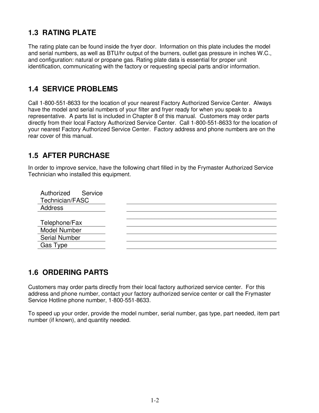 Frymaster YSCFC24 operation manual Rating Plate, Service Problems, After Purchase, Ordering Parts 