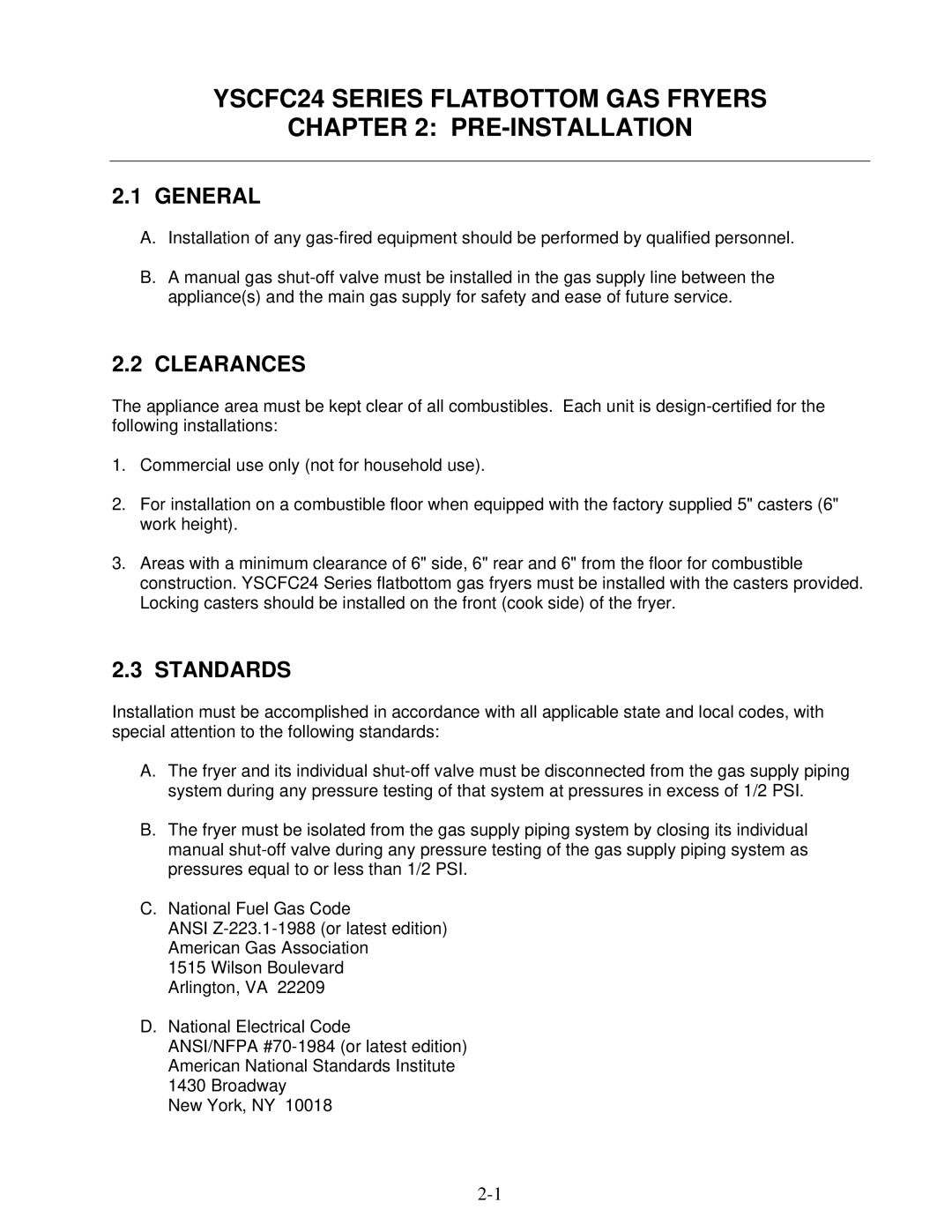 Frymaster YSCFC24 operation manual General, Clearances, Standards 