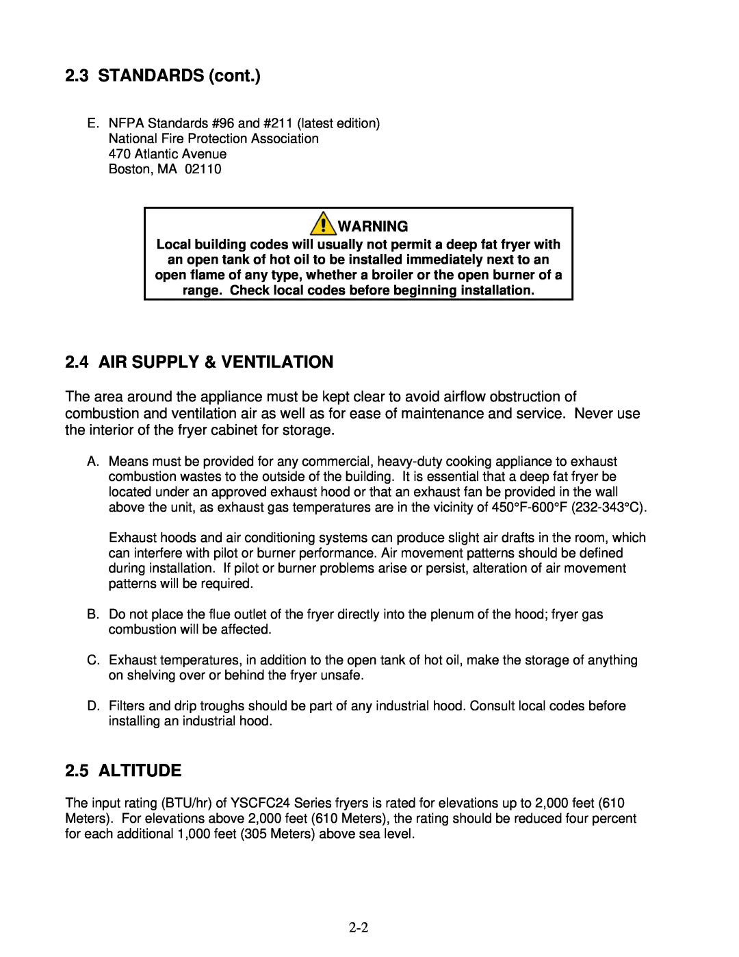 Frymaster YSCFC24 operation manual 2.3STANDARDS cont, Air Supply & Ventilation, Altitude 