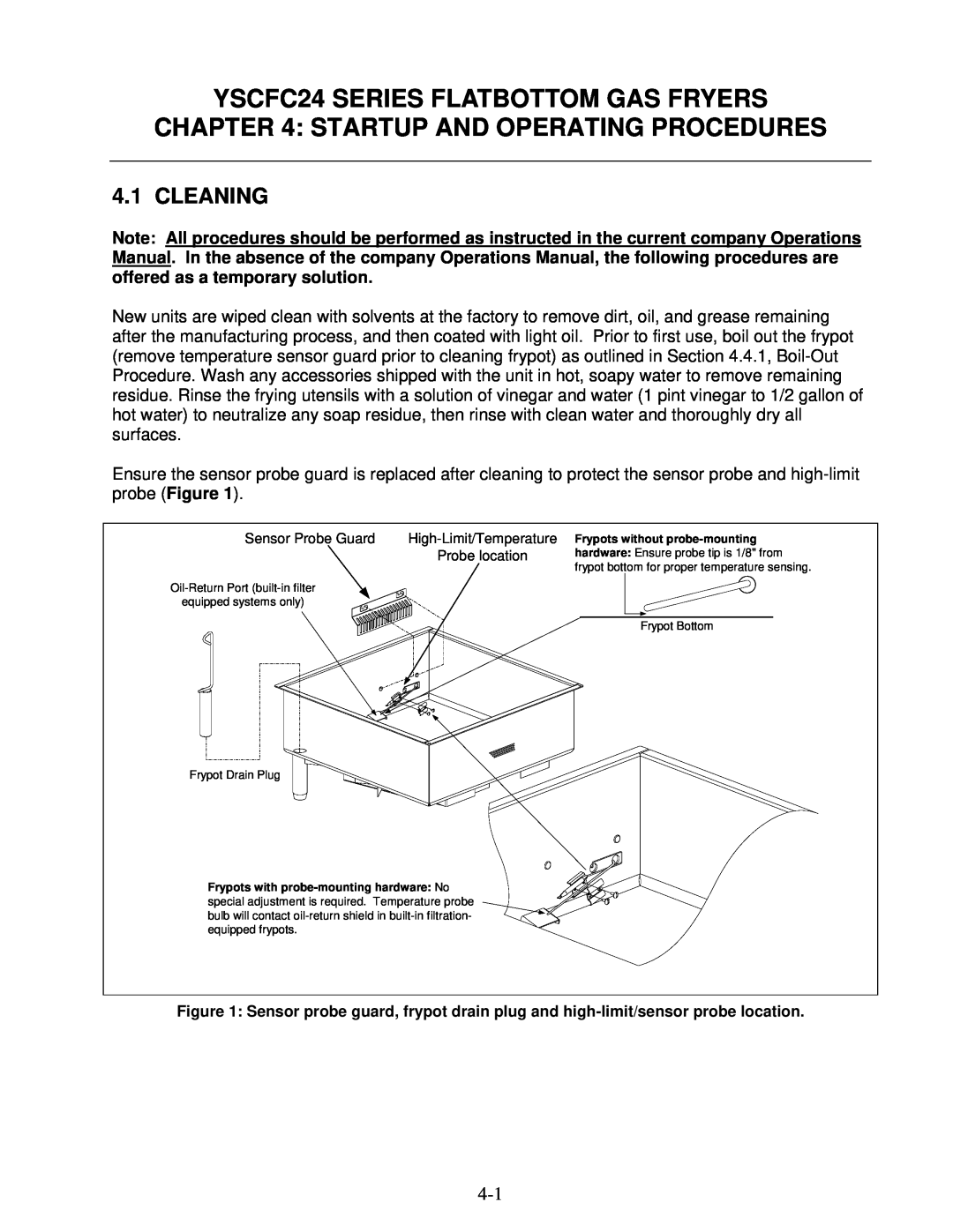 Frymaster operation manual Startup And Operating Procedures, Cleaning, YSCFC24 SERIES FLATBOTTOM GAS FRYERS 