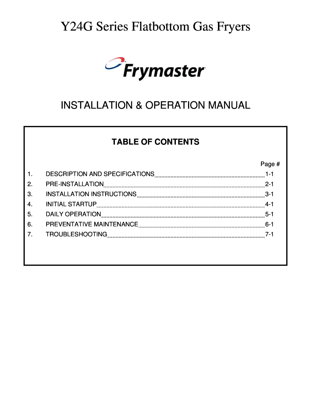 Frymaster YSCFC24 operation manual Table Of Contents, Y24G Series Flatbottom Gas Fryers 