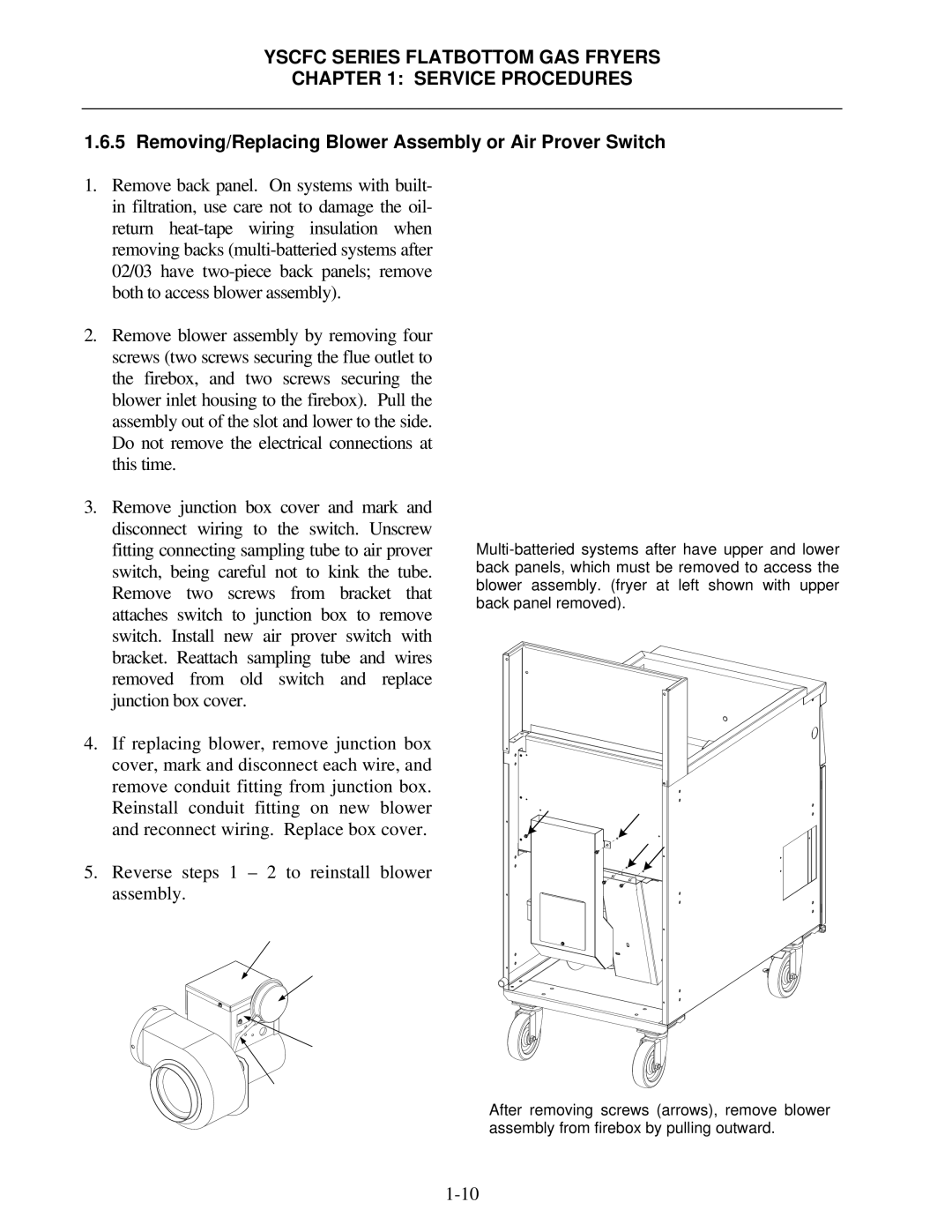 Frymaster YSCFC24GSERIES manual Removing/Replacing Blower Assembly or Air Prover Switch 