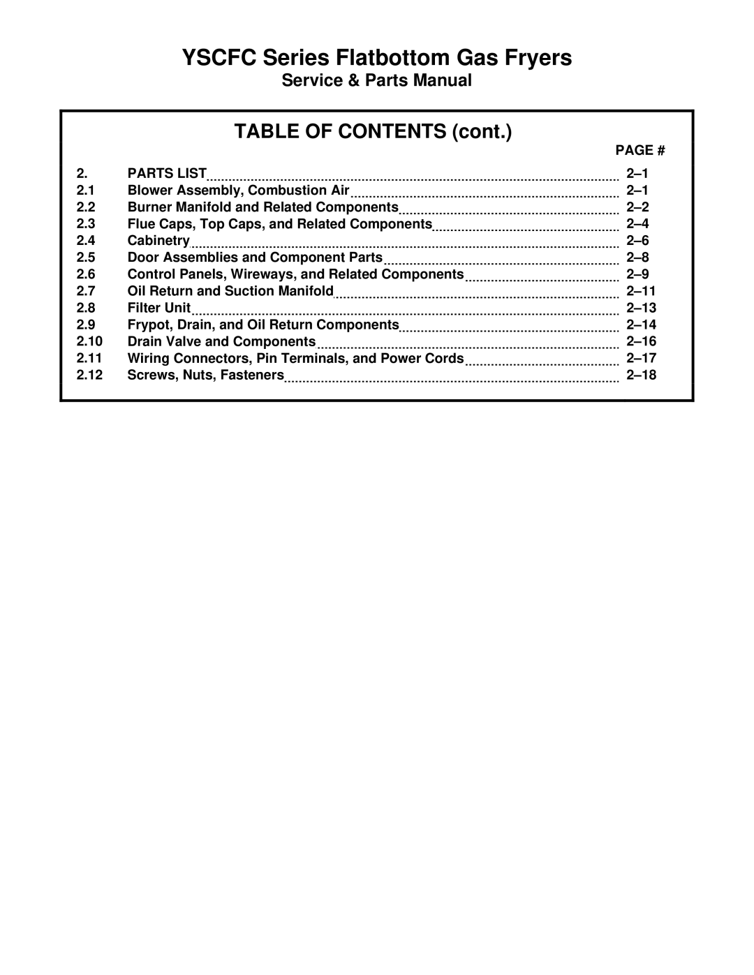 Frymaster YSCFC24GSERIES manual Table of Contents 