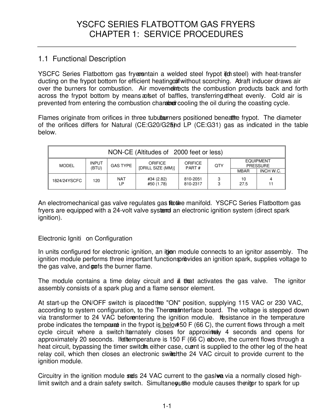 Frymaster YSCFC24GSERIES Functional Description, NON-CE Altitudes of 2000 feet or less, Electronic Ignition Configuration 