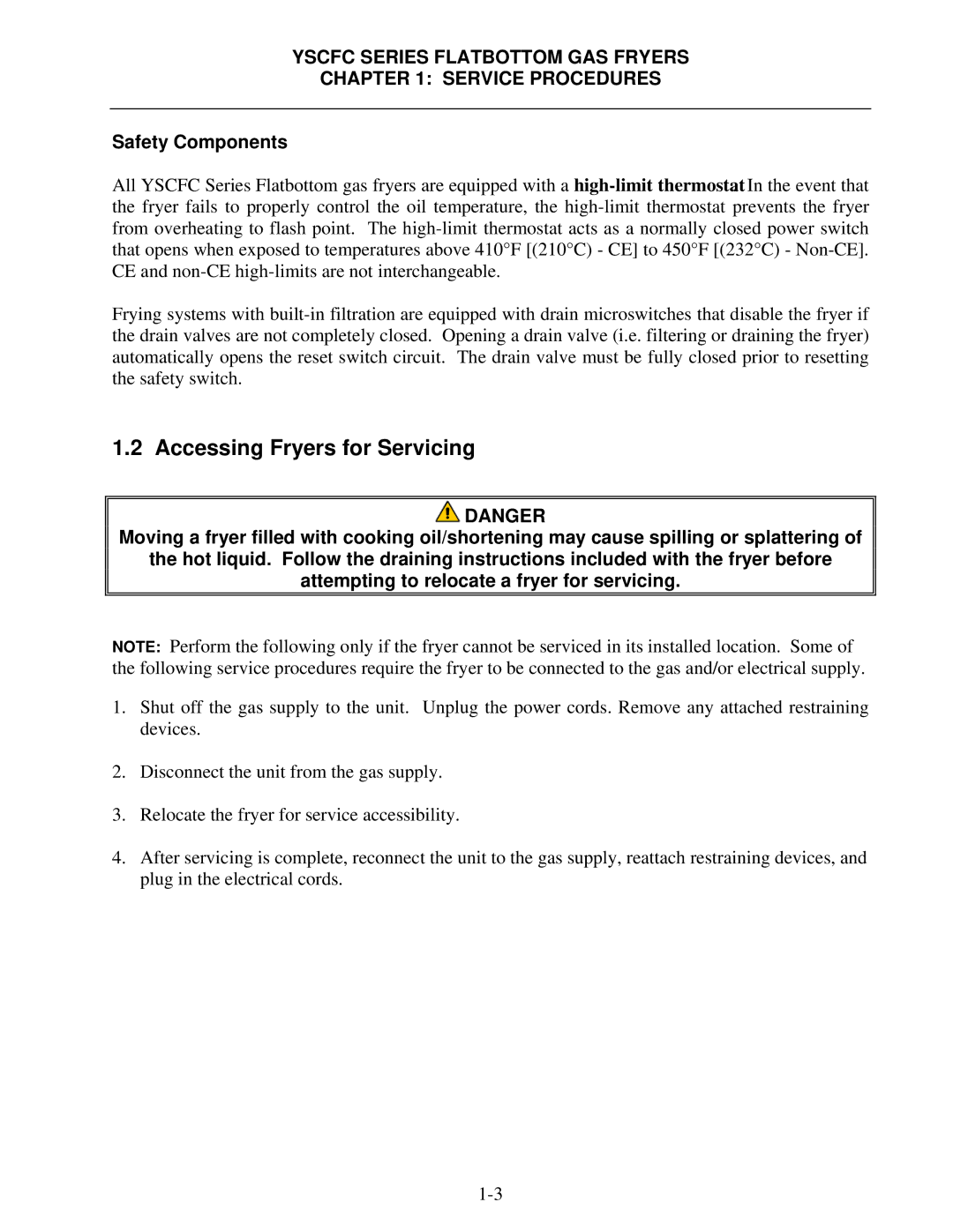 Frymaster YSCFC24GSERIES manual Accessing Fryers for Servicing, Safety Components 