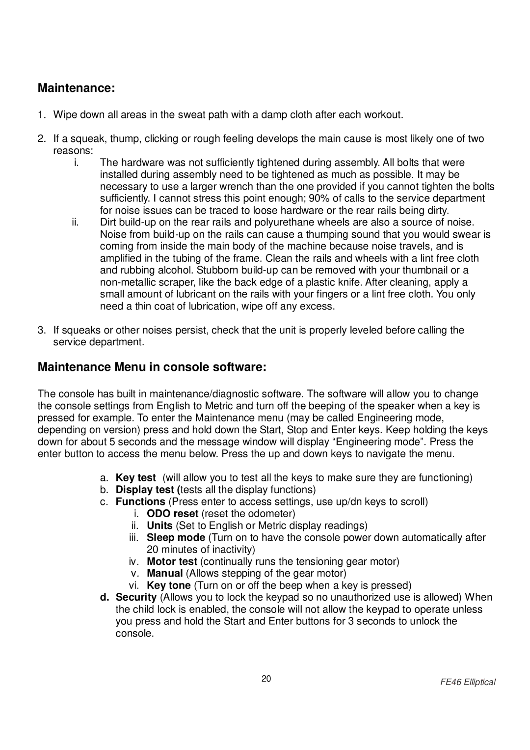 Fuel Fitness FE46 manual Maintenance Menu in console software 