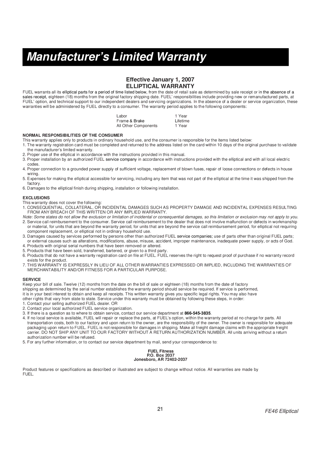 Fuel Fitness FE46 manual Manufacturer’s Limited Warranty, Elliptical Warranty 