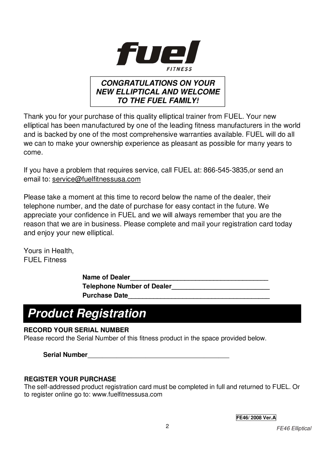 Fuel Fitness FE46 manual Product Registration 