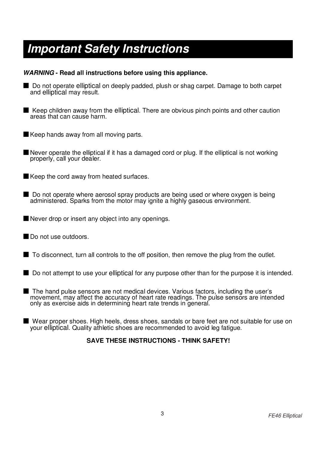 Fuel Fitness FE46 manual Important Safety Instructions 