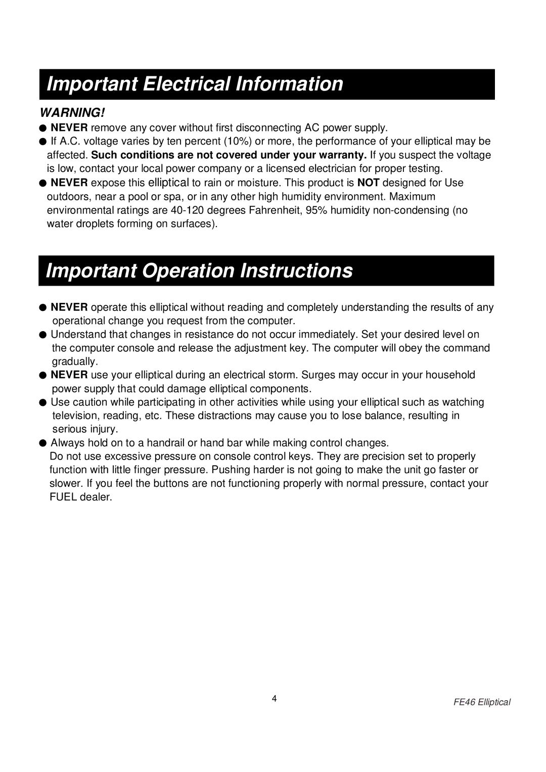 Fuel Fitness FE46 manual Important Electrical Information, Important Operation Instructions 