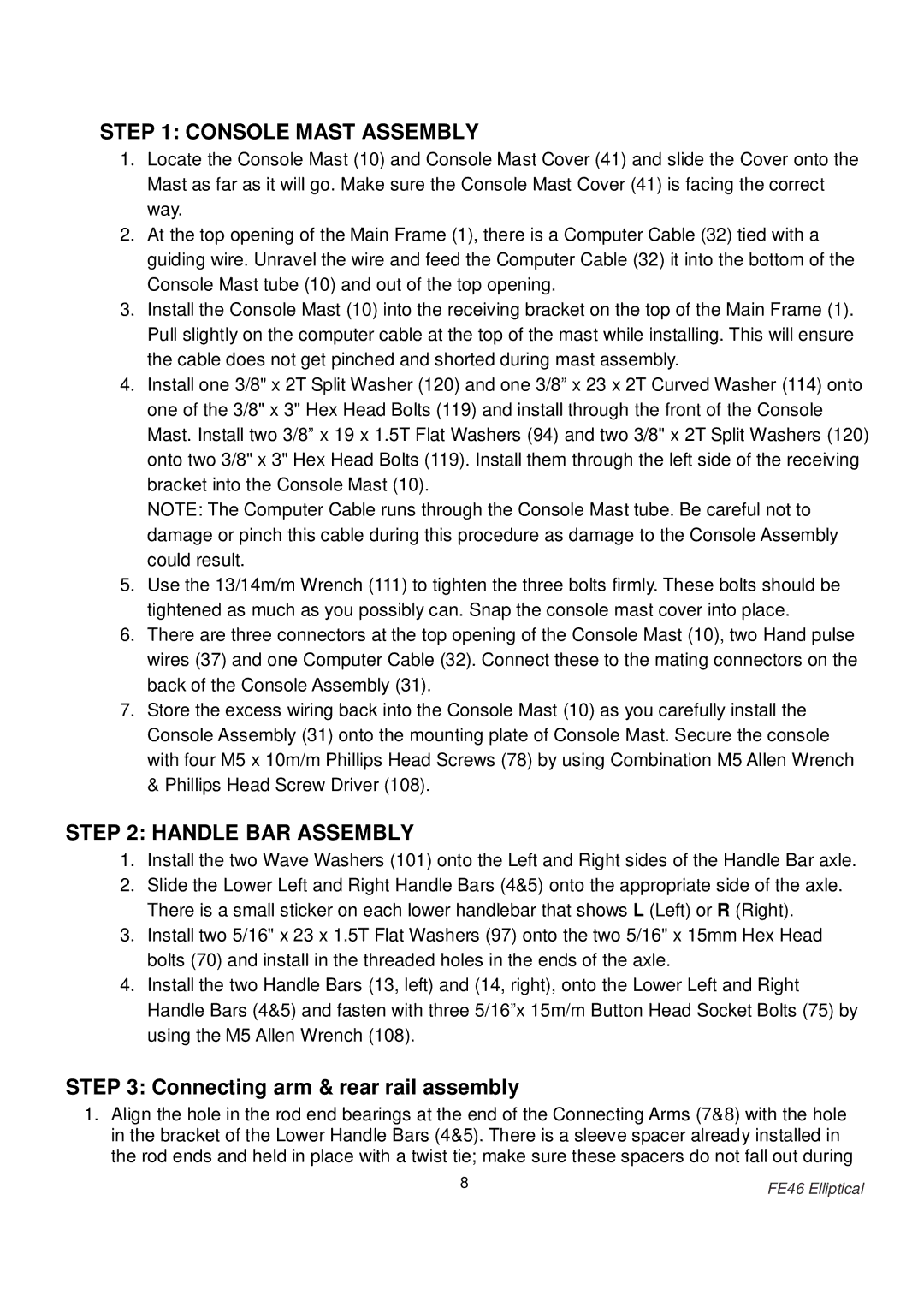 Fuel Fitness FE46 manual Console Mast Assembly, Connecting arm & rear rail assembly 