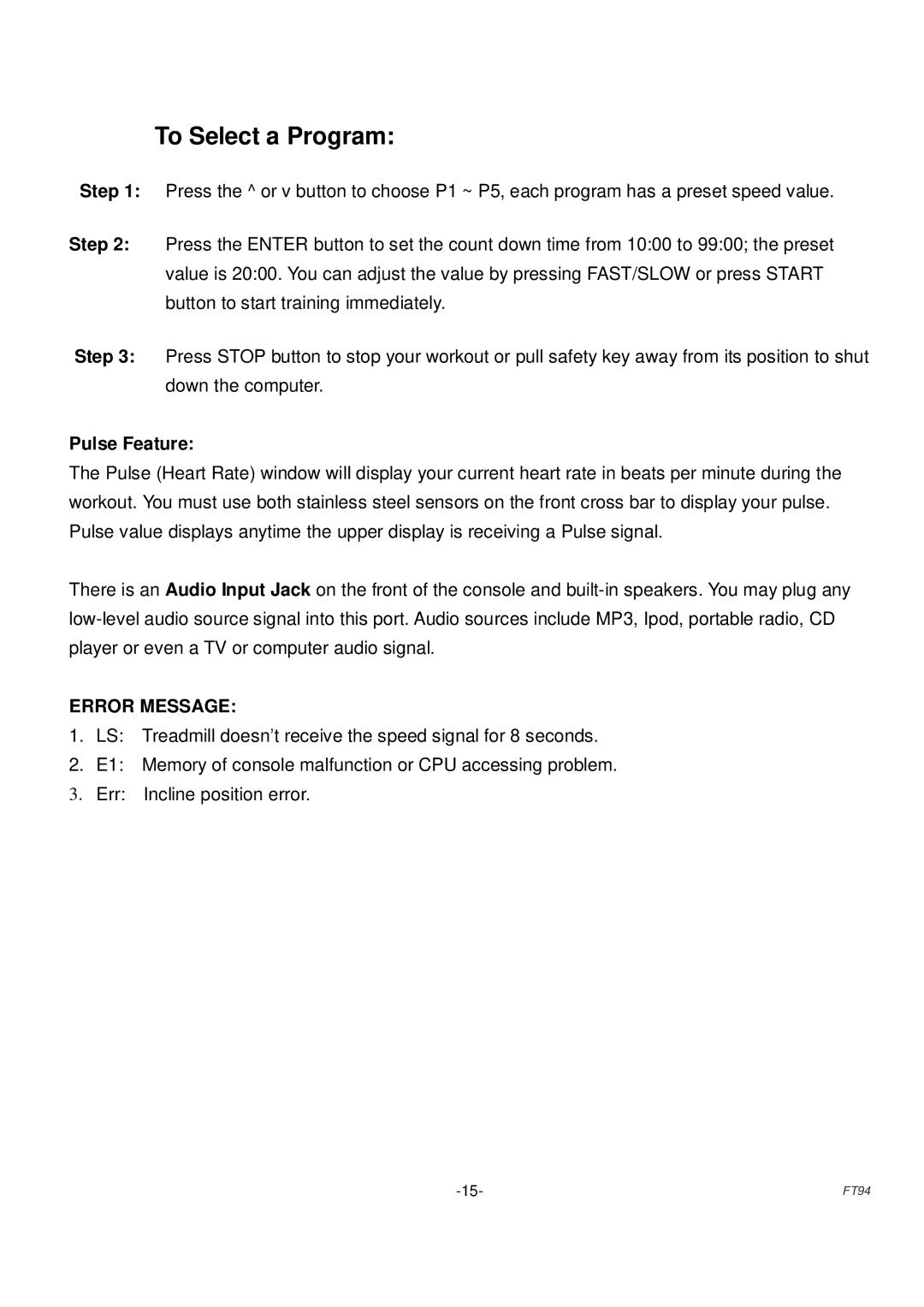 Fuel Fitness FT94 manual To Select a Program, Pulse Feature 