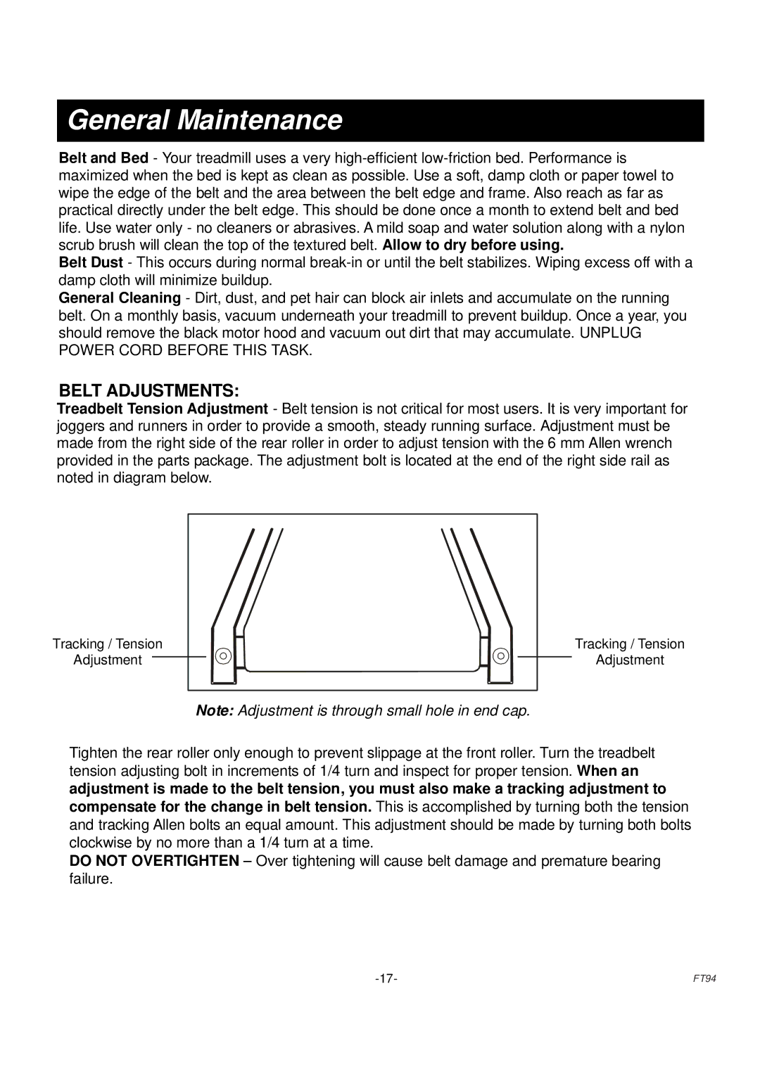 Fuel Fitness FT94 manual General Maintenance, Belt Adjustments 