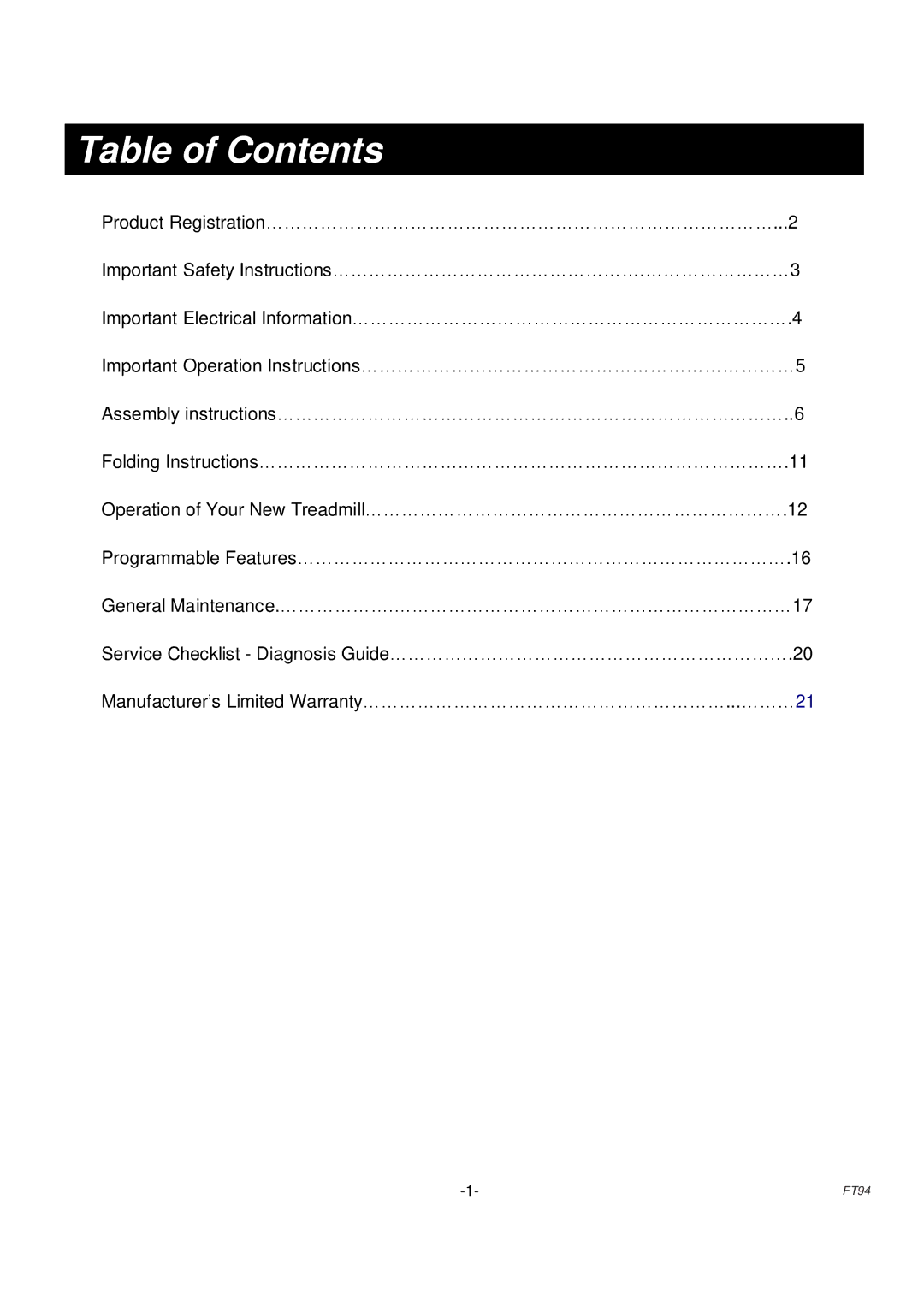 Fuel Fitness FT94 manual Table of Contents 