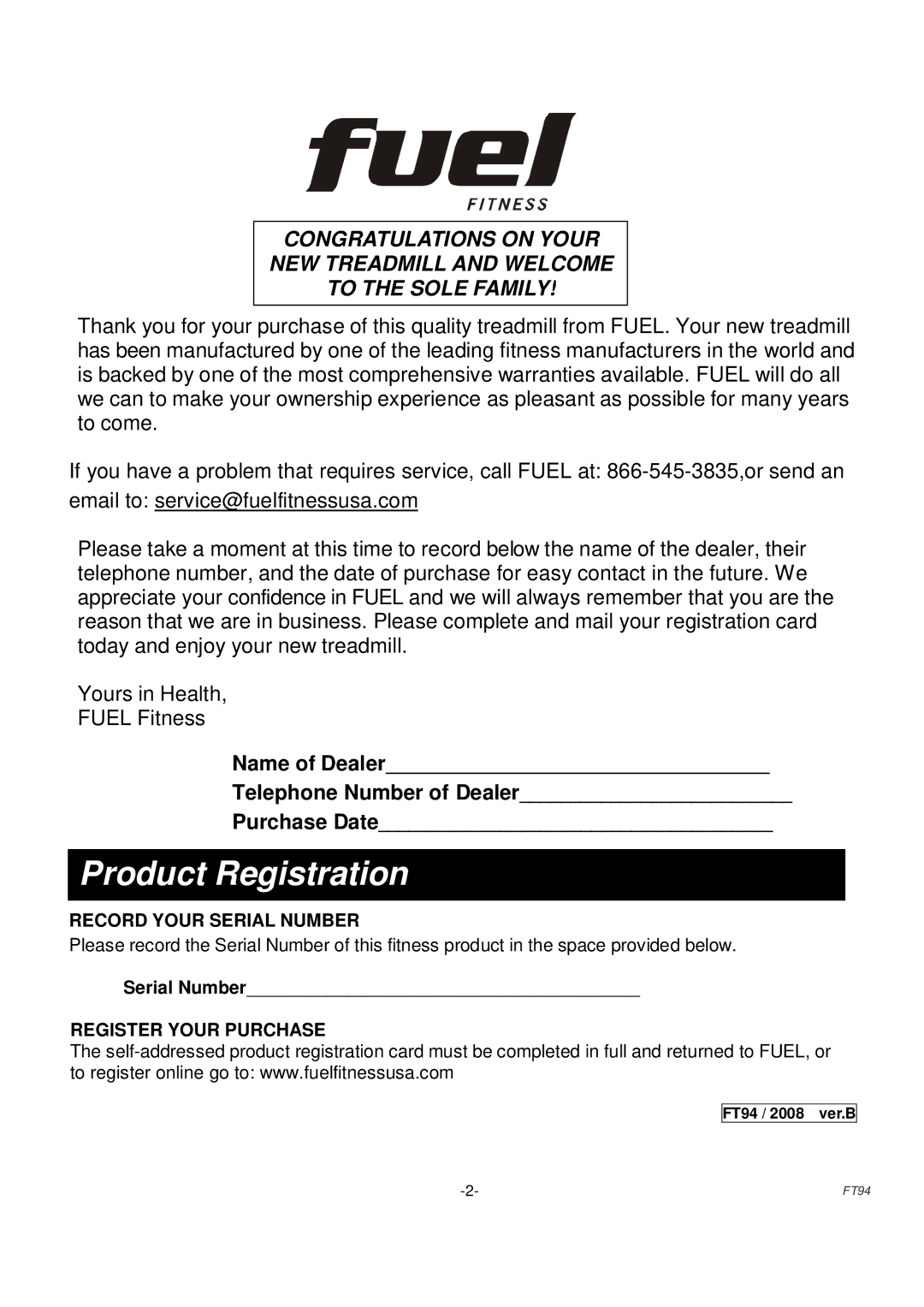 Fuel Fitness FT94 manual Product Registration 