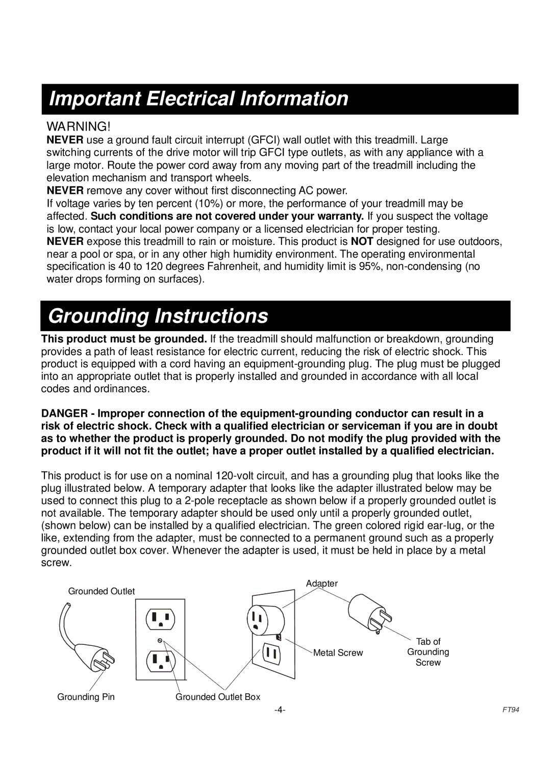 Fuel Fitness FT94 manual Important Electrical Information, Grounding Instructions 