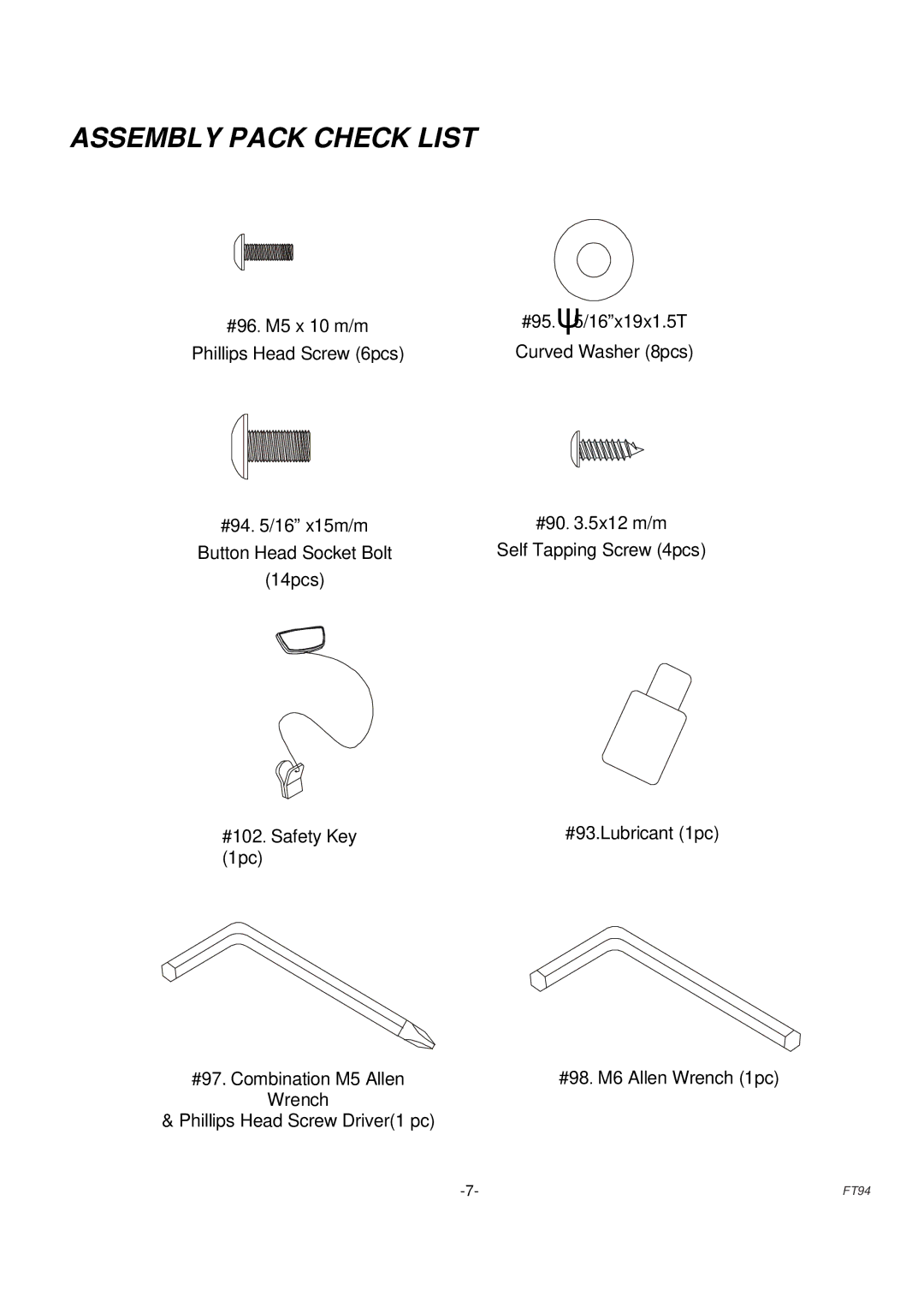 Fuel Fitness FT94 manual Assembly Pack Check List 