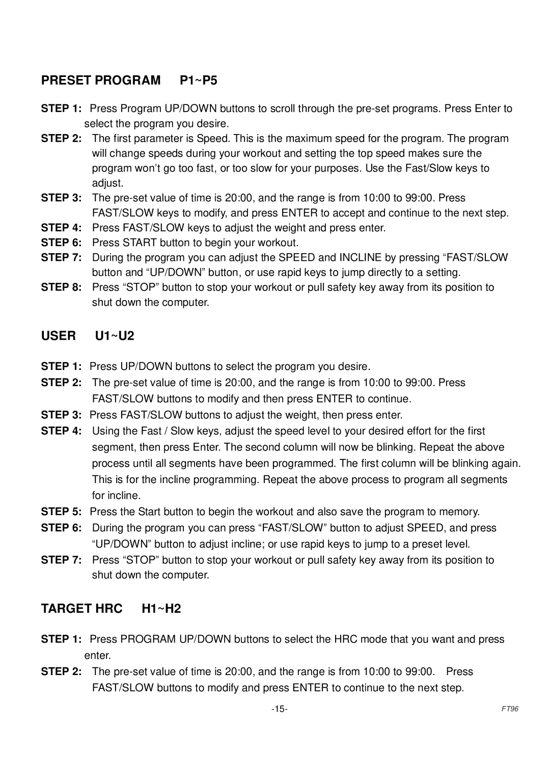 Fuel Fitness FT96 manual Preset Program P1~P5 